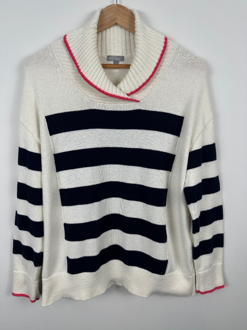 T by Talbots Striped Cowl Neck Sweater Navy Ivory Pink Size M